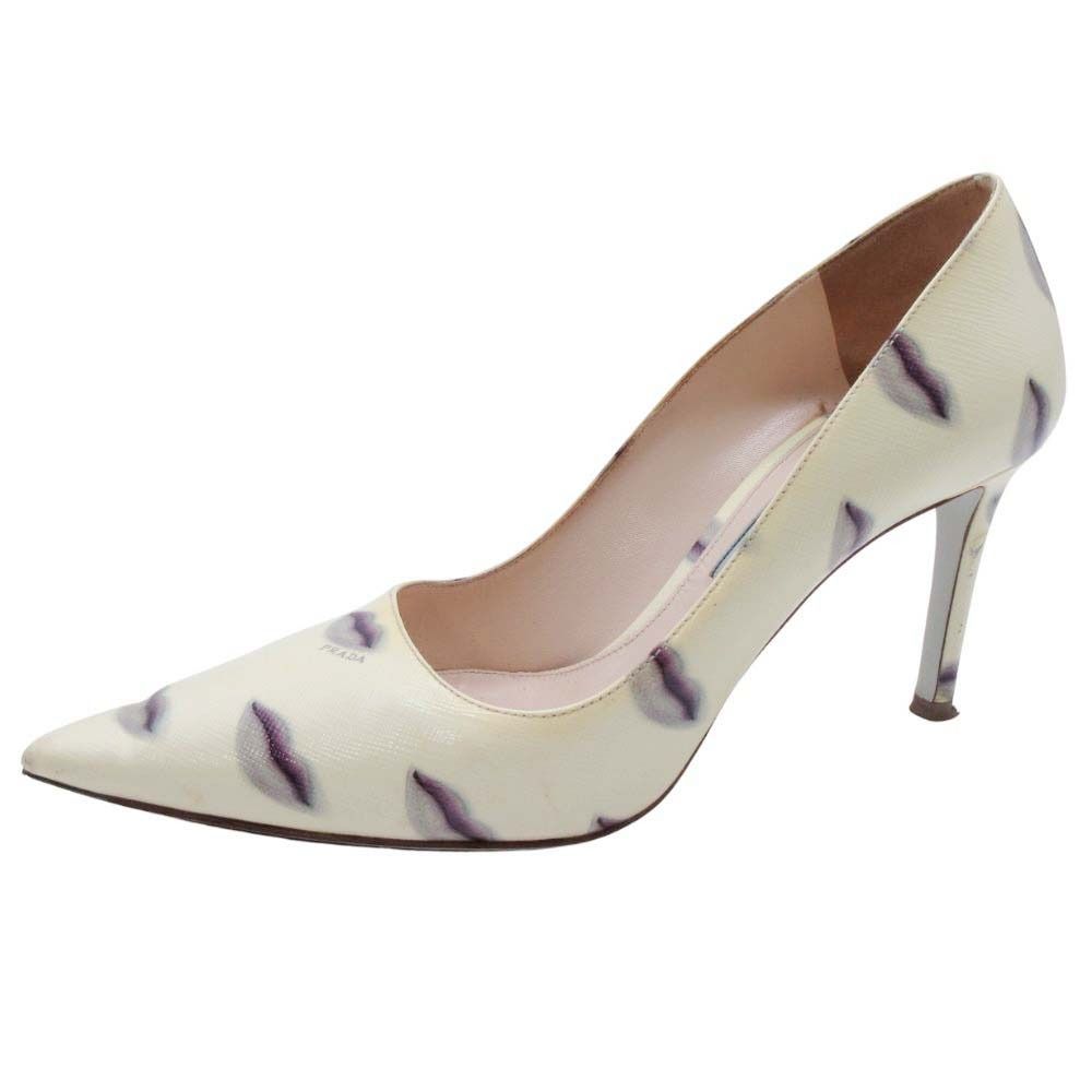 PRADA プラダ パンプス ハイヒール 8cmヒール レザー 本革 シューズ 靴 36|23.0cm リップ柄 アイボリー クリーム色 レディース 古着