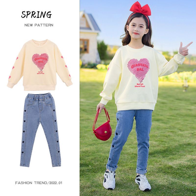 子供服 子供 上下セット 2点セットキッズ 女の子 セットアップ トレーナー デニムパンツ  ジュニア服 ガールズ スポーツウェア おしゃれ 普段着 通学 春 秋 冬bibiwo11