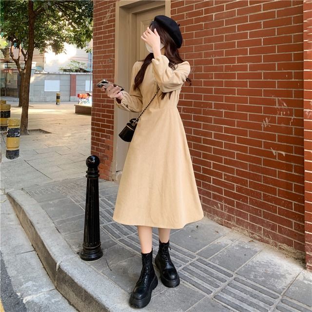 ワンピース ミドルドレス レディース Aライン ゆったり ミモレ丈 韓国デザイン 可愛い ハイウエス