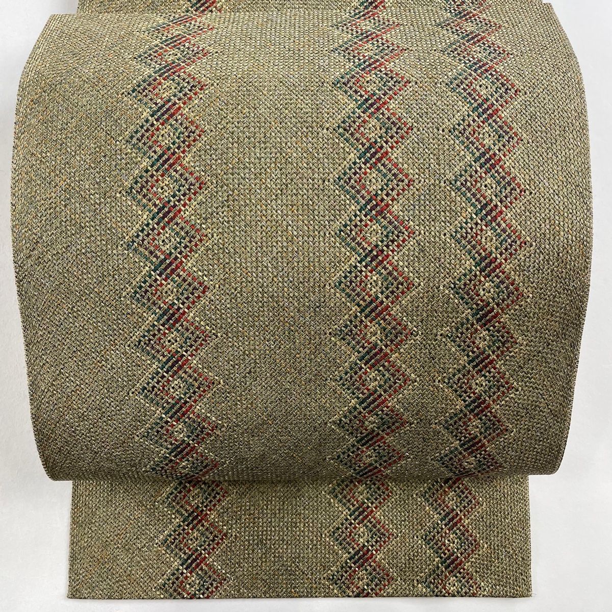 名古屋帯 秀品 八寸名古屋帯 松葉仕立て 幾何学模様 金糸 茶緑色 正絹