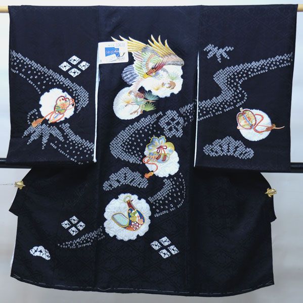 お宮参り 正絹 男児 のしめ 産着 綸子地 金刺繍 着物 男の子 鷹 祝着 総 絞り 高級 初着 青系