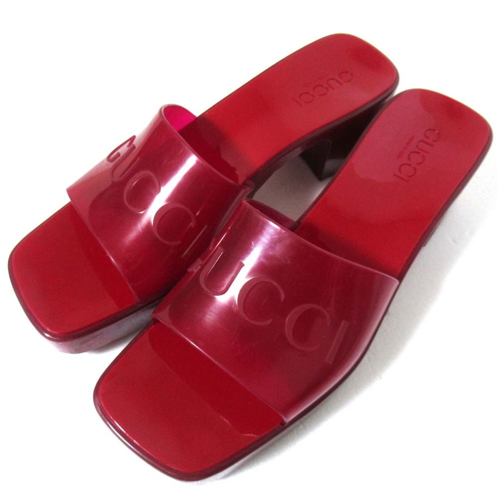 美品 GUCCI グッチ ロゴ ラバー チャンキーヒール ミュール サンダル