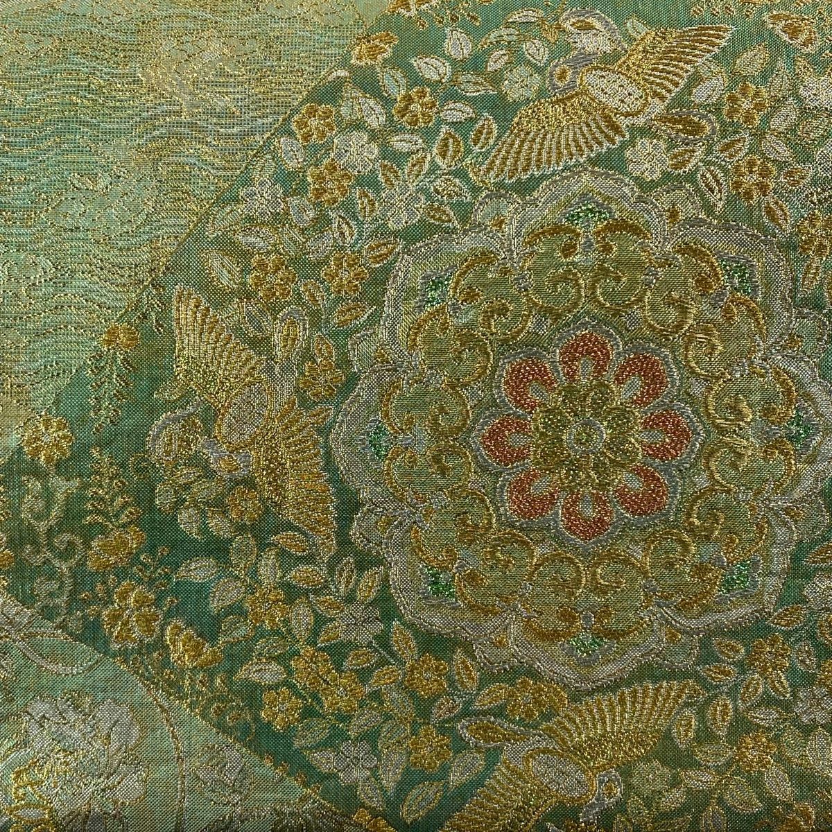 袋帯 秀品 裂取瑞鳥花文 金銀糸 箔 薄緑 六通 正絹