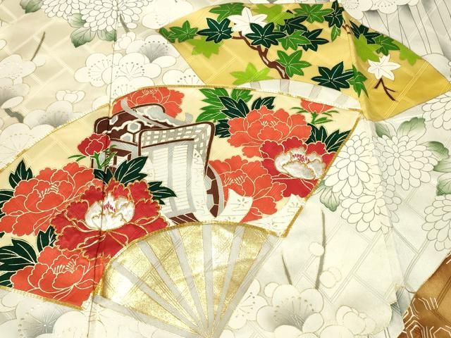平和屋着物□豪華振袖 駒刺繍 扇面御所車草花文 暈し染め 金彩