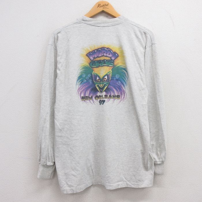 XL/古着 長袖 ビンテージ Tシャツ メンズ 90s マルディグラ ニューオーリンズ コットン クルーネック 薄グレー 霜降り 24jun05 中古