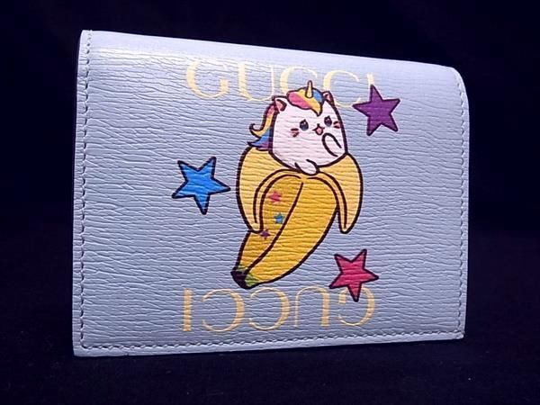 新品同様 GUCCI グッチ レインボー＆スター ばなにゃ 701009 レザー 二つ折り 財布 ウォレット ライトブルー系 FC3802 