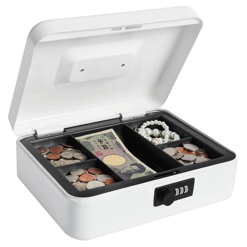 Lysmics 金庫 手提げ金庫 ダイヤル式 貯金箱 ミニ金庫 収納ボックス 家庭用 防犯 事務用品 (ホワイト, M) 0