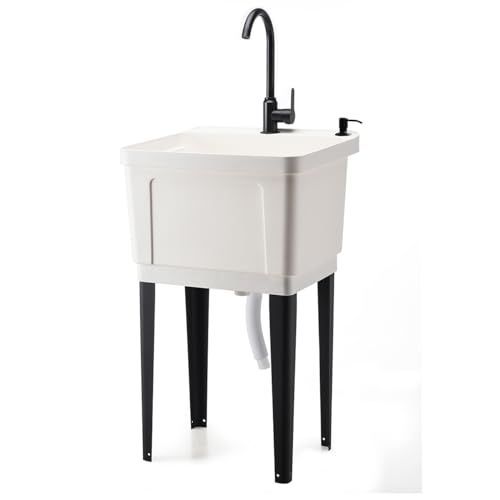 White MIMIER 流し台 ガーデンシンク 簡易式 屋外 キッチン ステンレス蛇口 簡易流し台 キッチンシンク 深型シンク 簡易シンク ガーデン キャンプ 家庭 工場 組立簡単 持ち運び 白 ホワイト