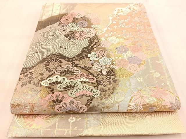 平和屋着物●西陣　川島織物　六通柄袋帯　草花菱間道　黒地　未使用　DAAT7746ob 平和屋着物○西陣 川島織物 六通柄袋帯 草花菱間道 黒地