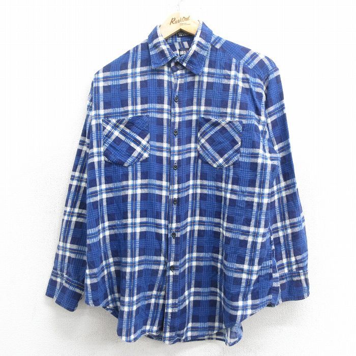 XL/古着 ビッグヤンク 長袖 フランネル シャツ メンズ 80s コットン 紺他 ネイビー チェック 24sep25  トップス