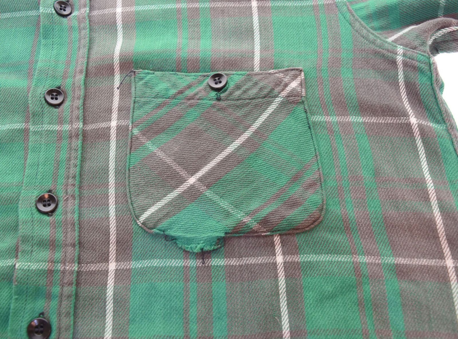 50s 60s sears マチ付き ネルシャツ 15½ グリーン シアーズ Sears ROEBUCK 50s ネルシャツ マチ付き 皿ボタン 50's