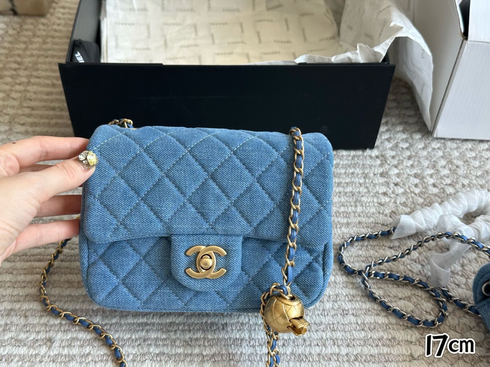 今日特価】Chanel Denim Golden Ball Square Flap [17×13cm