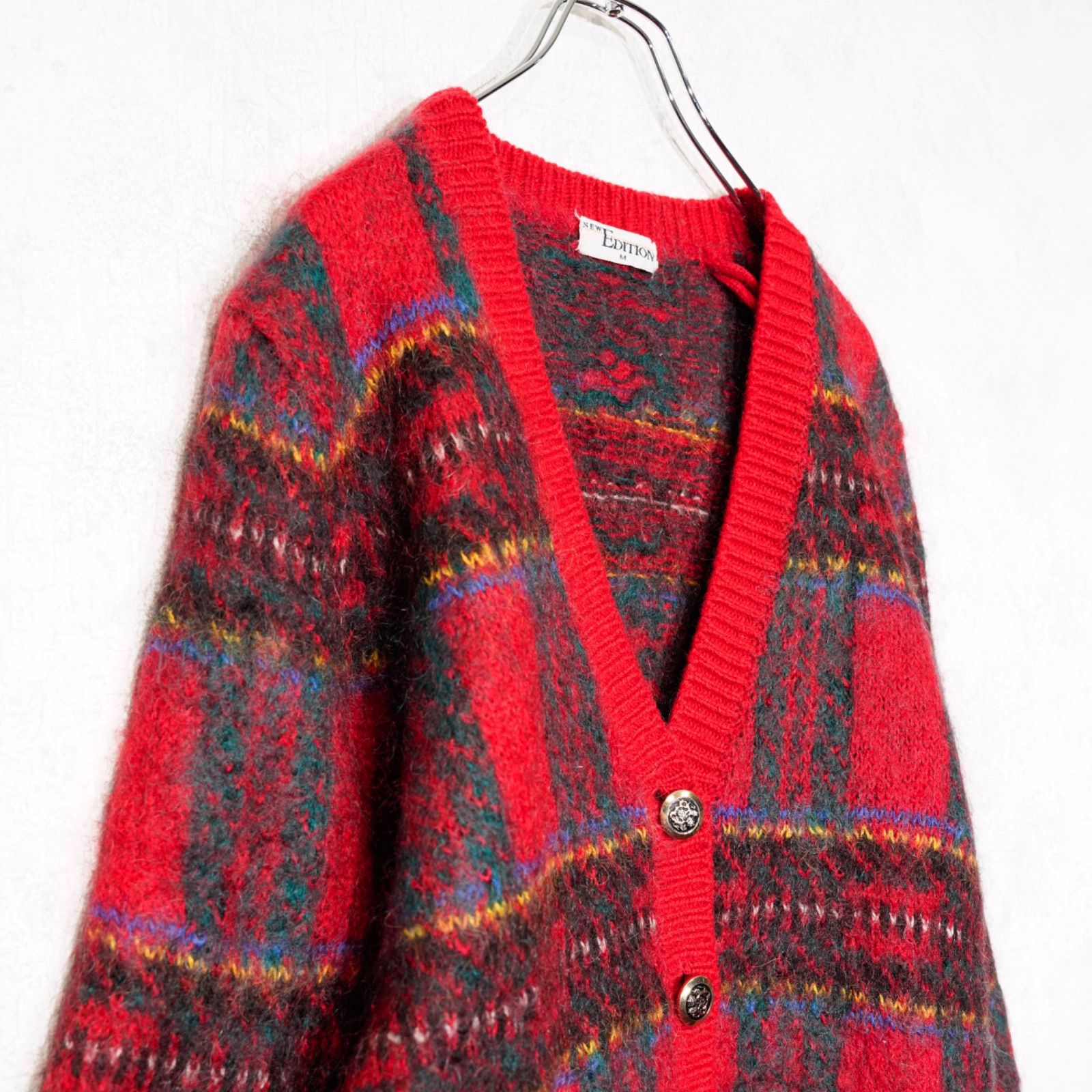 激安通販 送料515円。 USA VINTAGE NEW EDITIONS CHECK PATTERNED DESIGN MOHAIR KNIT CARDIGAN アメリカ古着チェック柄デザインモヘアニットカーディガン 絶対にあなたの一番選択！