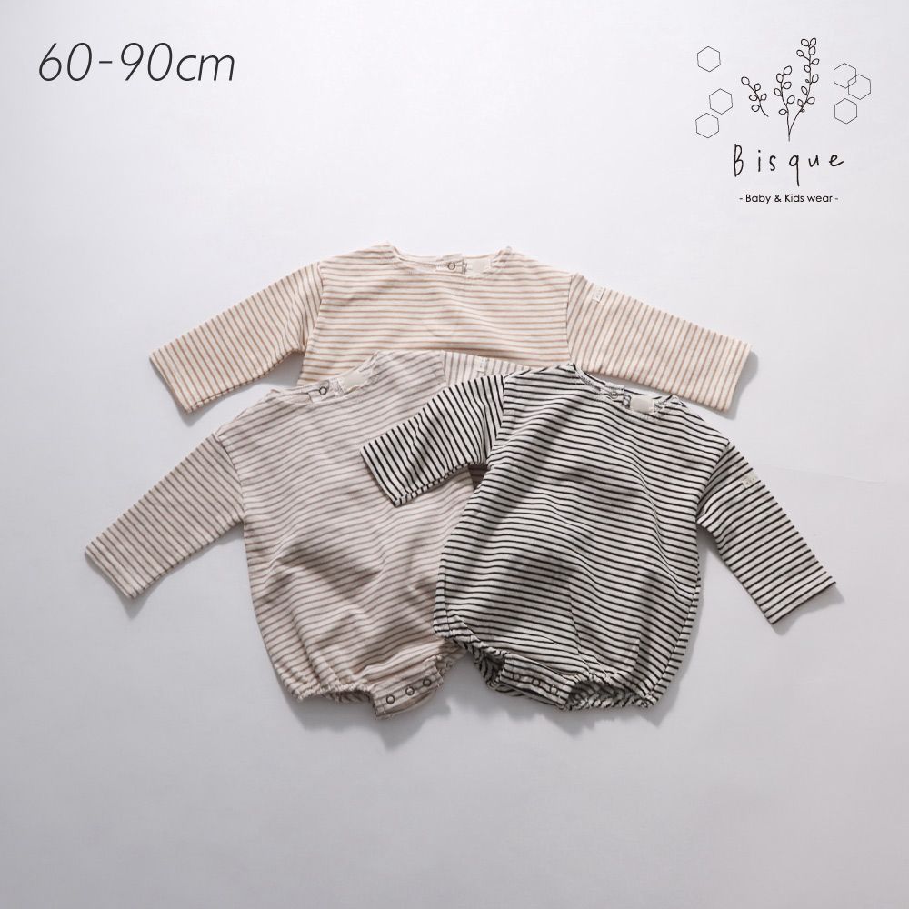 baby)バスクボーダーロンパース u003cベージュu003e Bisque びすく 韓国子供服 ビスク ベビー服 男の子 女の子 ユニセックス 長袖 ボーダー ロンパース カジュアル シンプル ナチュラル おしゃれ 