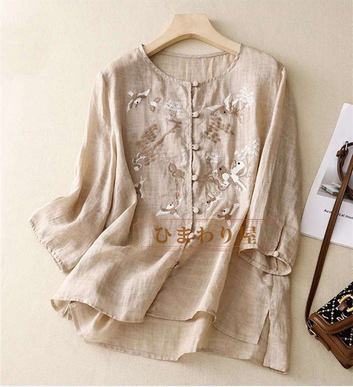 レディース ブラウス tシャツ トップス プルオーバー チャイナボタン 花柄刺繍 カットソー チュニック リネン 五分袖 夏服 チャイナ 綿麻 カジュアル ゆったり ブラウス チャイナ風 レディース 七分袖 綿麻 ブラウス