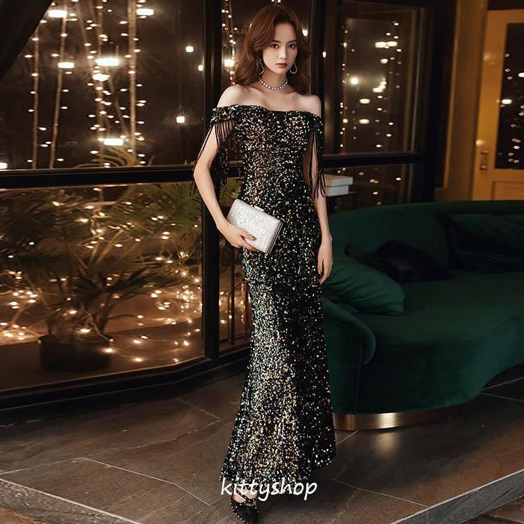 スパンコールオフショルダーイブニングドレス ✧ ブラックロング丈