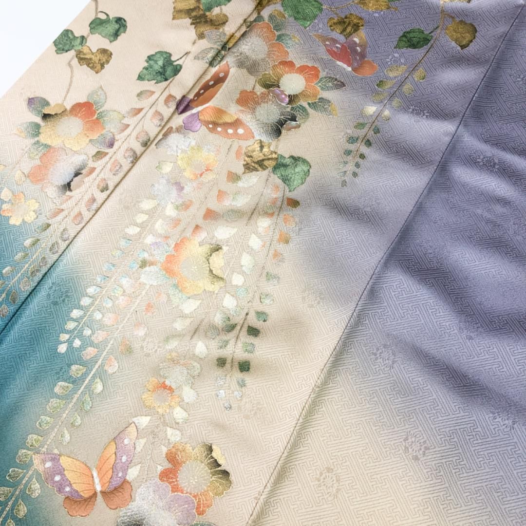 訪問着 辻が花模様 蝶々 螺鈿 金銀彩 グラデーション 紫鼠色 K-4570  