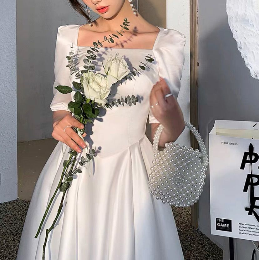 パーティードレス フレア スクエアネック ミニ 結婚式 韓国 ゴールドパーツ×スクエアネックツイードフレアミニドレス 韓国