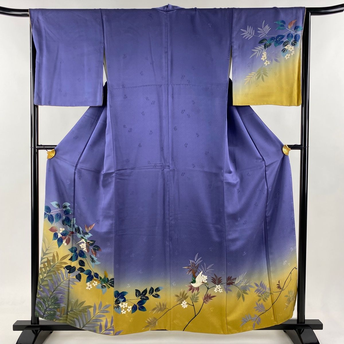 付下げ 身丈159.5cm 裄丈66cm M 袷 二代目清次郎 落款 枝花 鳥 染め分け ぼかし 紫 正絹 名品