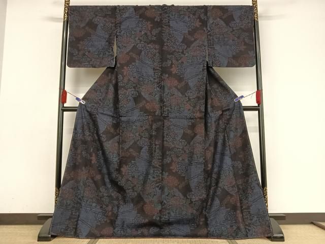平和屋着物○本場結城紬 重要無形文化財 80亀甲 枝花文 ロング丈