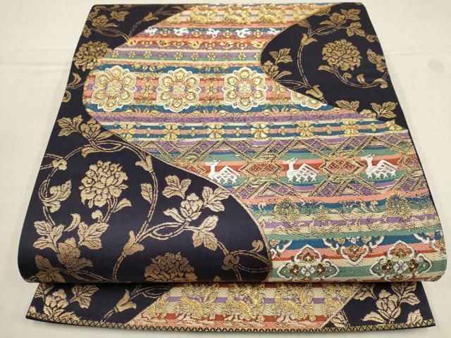 袋帯 花唐草 落ち着いた色味 織柄 素敵なデザイン 六通 正絹 T-6558 袋帯 花唐草 落ち着いた色味 織柄 素敵なデザイン 六通 正絹 T-
