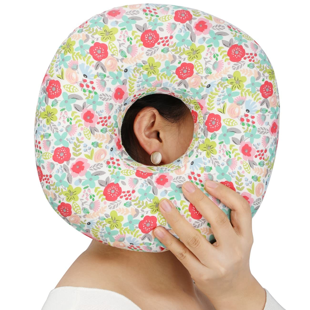 Heal n Hope ピアス枕 耳枕 花柄プリント ドーナツ 穴付き CNH ピアス 痛み軽減 睡眠 圧迫 横向き寝 ヘッドフォン (椿) [カメリア]