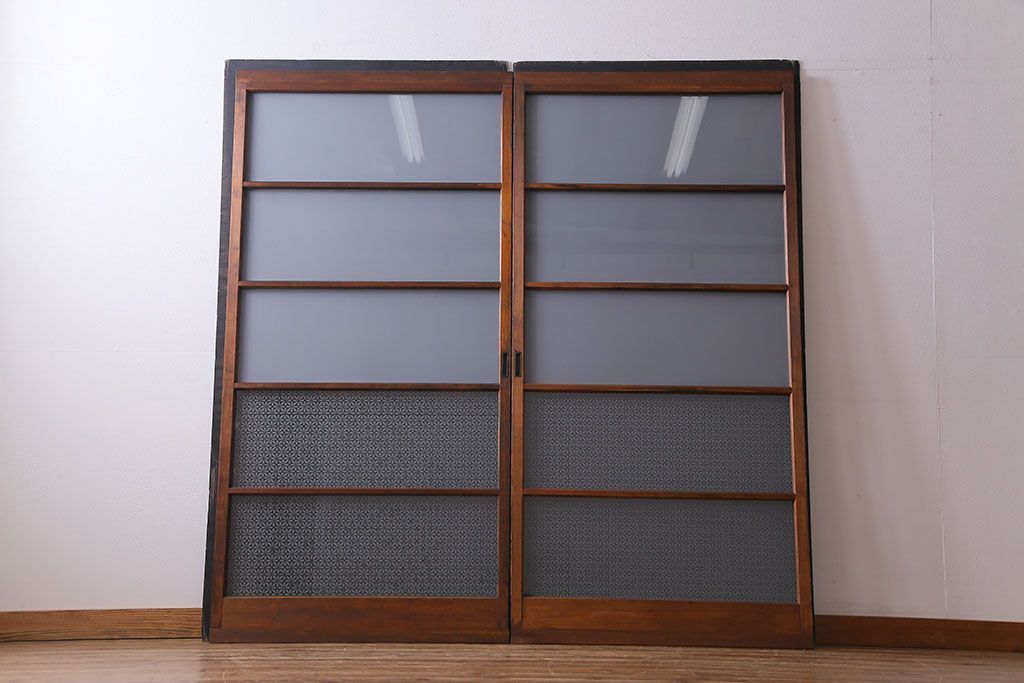 ガラス戸2枚セット アンティーク建具 オリジナル花ガラス R-030523