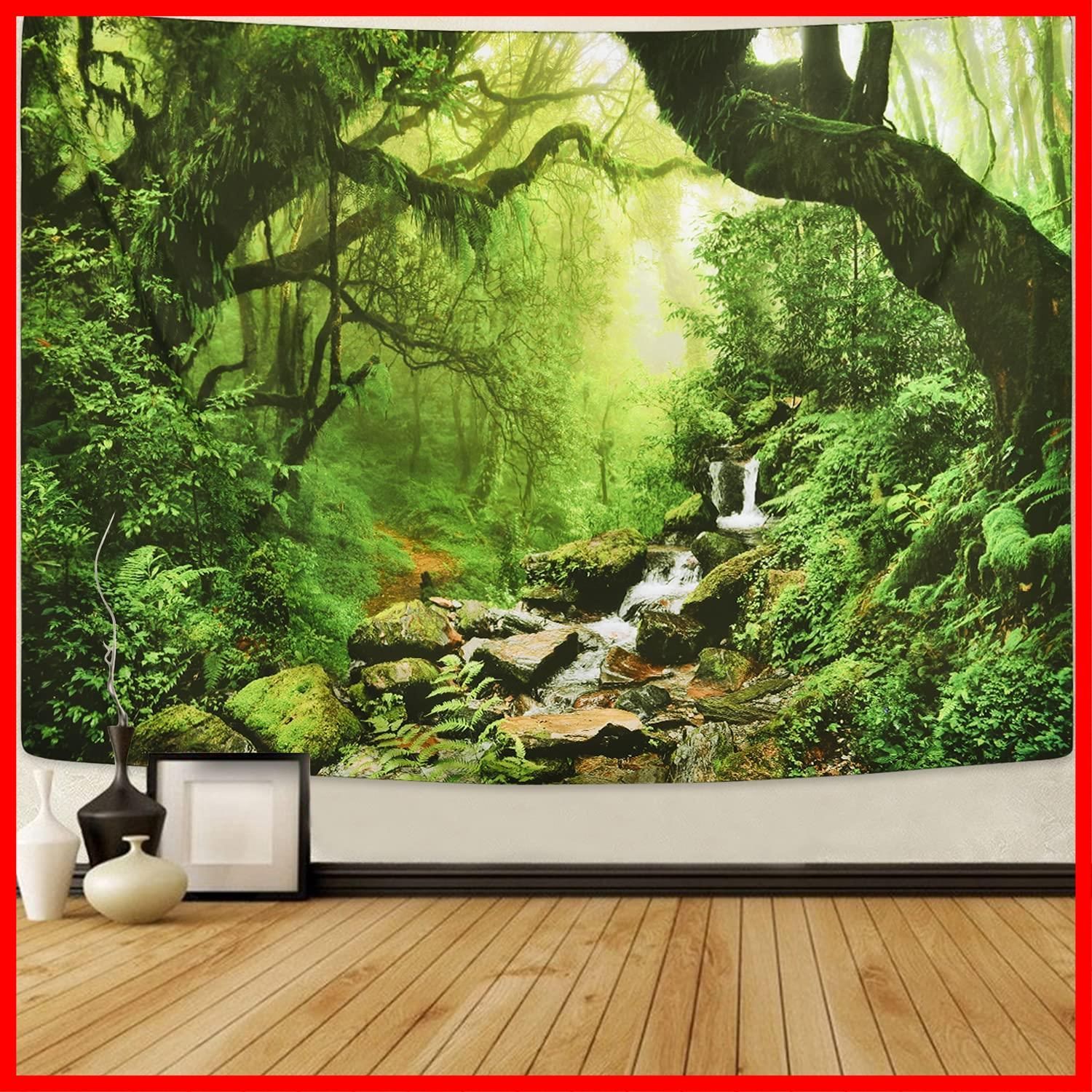 【クーポン有】インテリア飾り、150x150cm 模様替え 窓 部屋 大判布ポスター 自然風景壁掛け布 渓流柄壁掛けタペストリー 木 森タペストリー Pknoclan