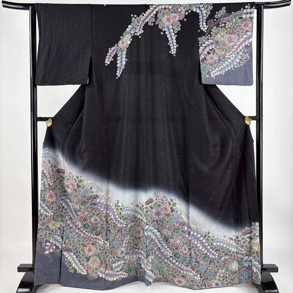 訪問着 身丈164cm 裄丈62.5cm S 袷 辻が花柄 菖蒲 銀通し 金彩 黒 正絹 名品