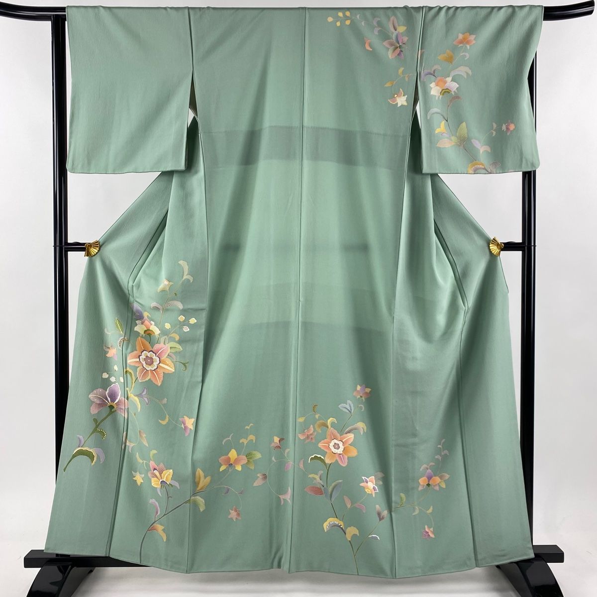 訪問着 身丈160.5cm 裄丈66cm M 袷 草花 薄緑 正絹 秀品 【中古