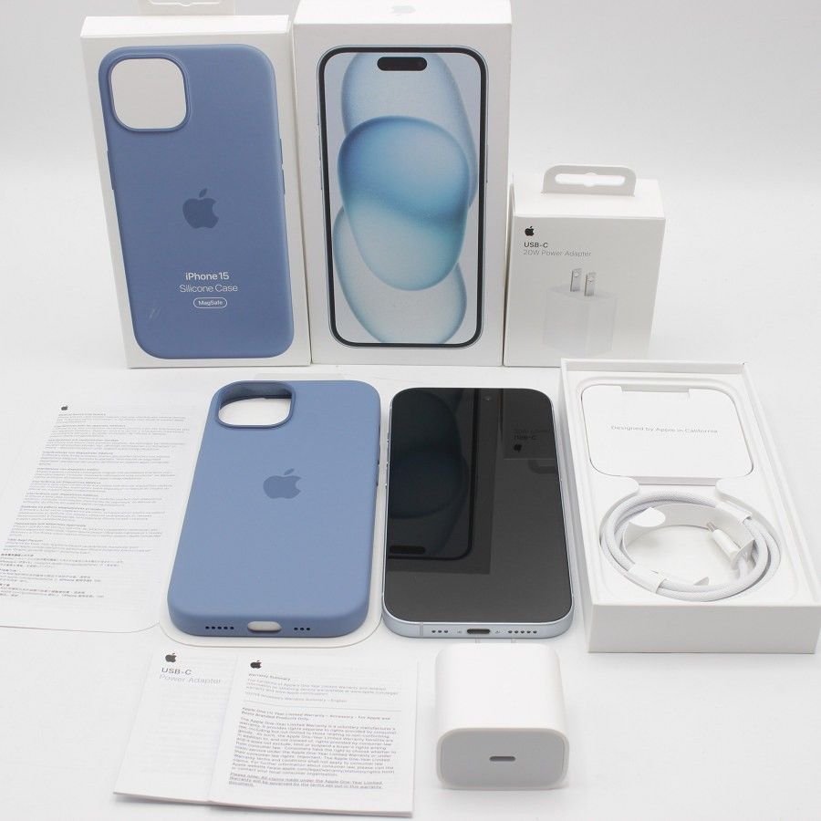 美品】Apple iPhone 15 MTML3J/A 128GB ブルー アダプター+ケース付き 
