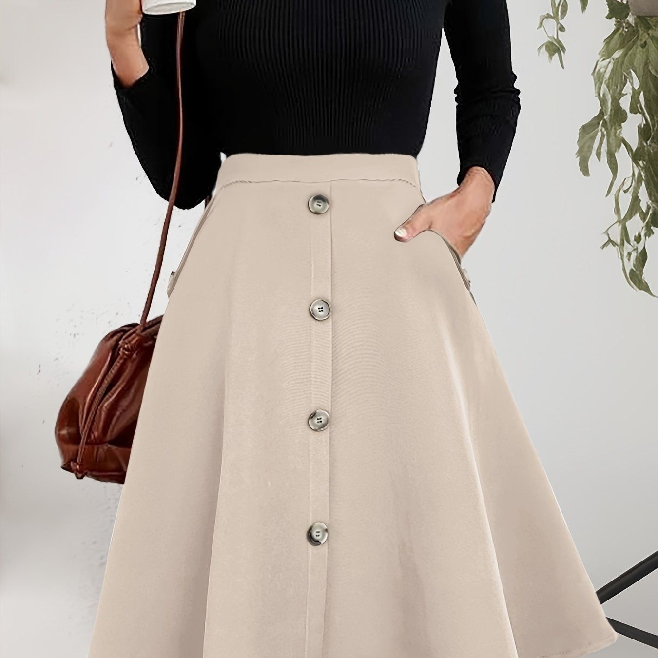 カーキ フ スカート レディース 秋冬 ロング丈 ミモレ丈 前ボタン ポケット付き 無地 体型カバー ハイウエスト きれいめ カジュアル ウエストマーク 大人ナチュラル