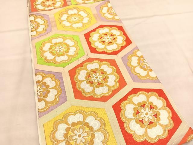 平和屋着物◎六通柄 本袋帯 唐織 亀甲花文 金糸 正絹 逸品