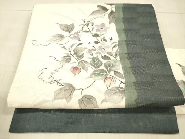 平和屋着物＊夏物 九寸名古屋帯 手描き 蔦の葉花文 正絹 DAAX8668cm