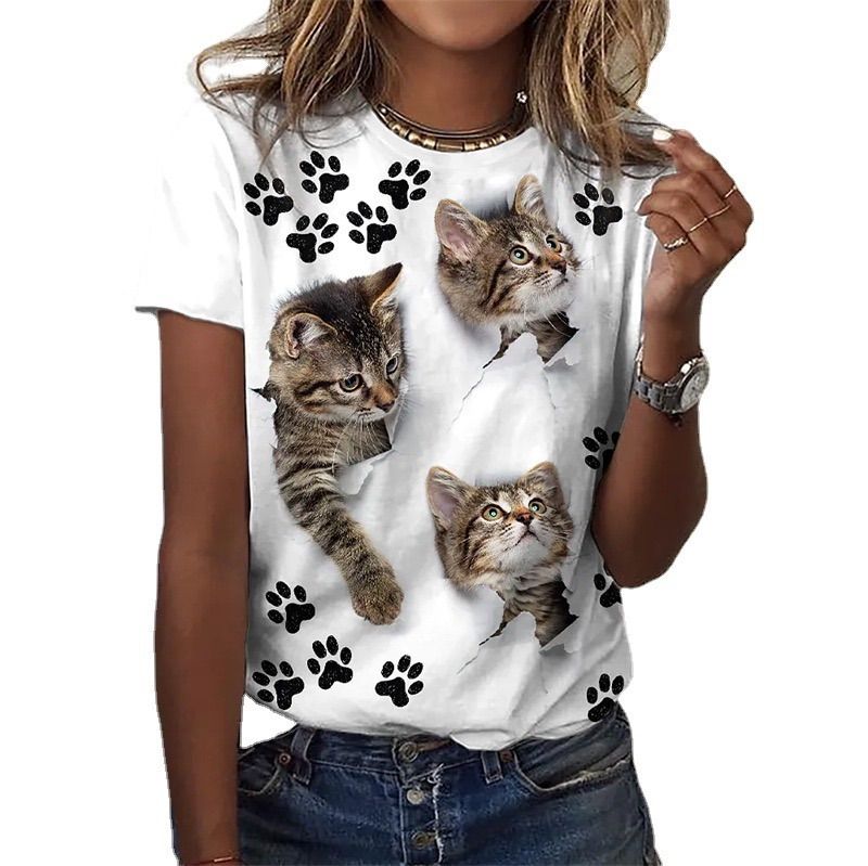 可愛い 3D 猫 Tシャツ 半袖 薄手 ねこ 白 レディース クルーネック