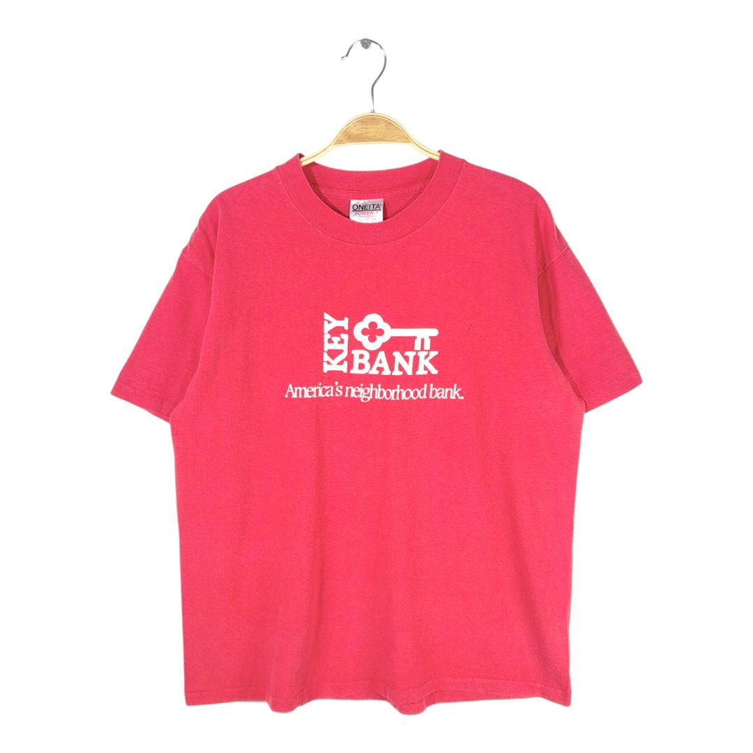 80s キーバンク USA製 ヴィンテージTシャツ 企業系 レッド 銀行 KEY BANK シングルステッチ ONEITA サイズL 古着 @BZ0486