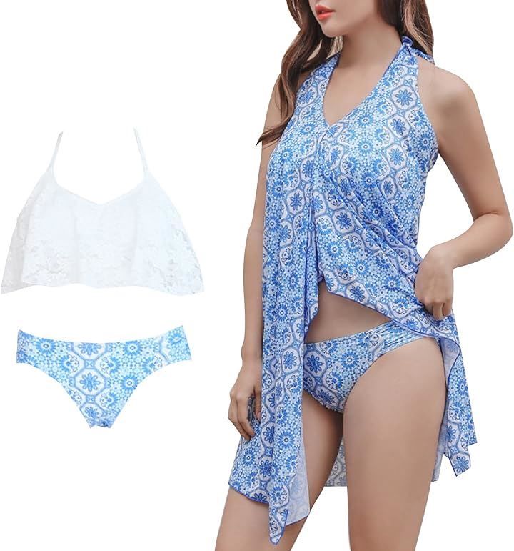 RONGUI 水着 レディース 体型カバー ビキニ ワンピース 3点セット ホルターネック ママ水着 スイムドレス( ブルー,  XL)