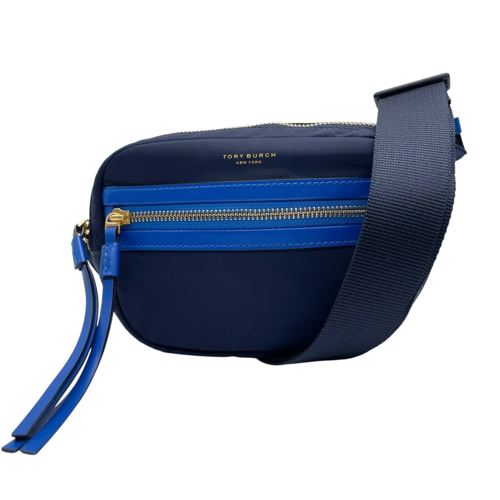 ♥級 トリーバーチ TORY BURCH ボディバッグ ウエストポーチ ショルダーバッグ ネイビー 紺 ブルー 青ナイロン レザー コンビ B1