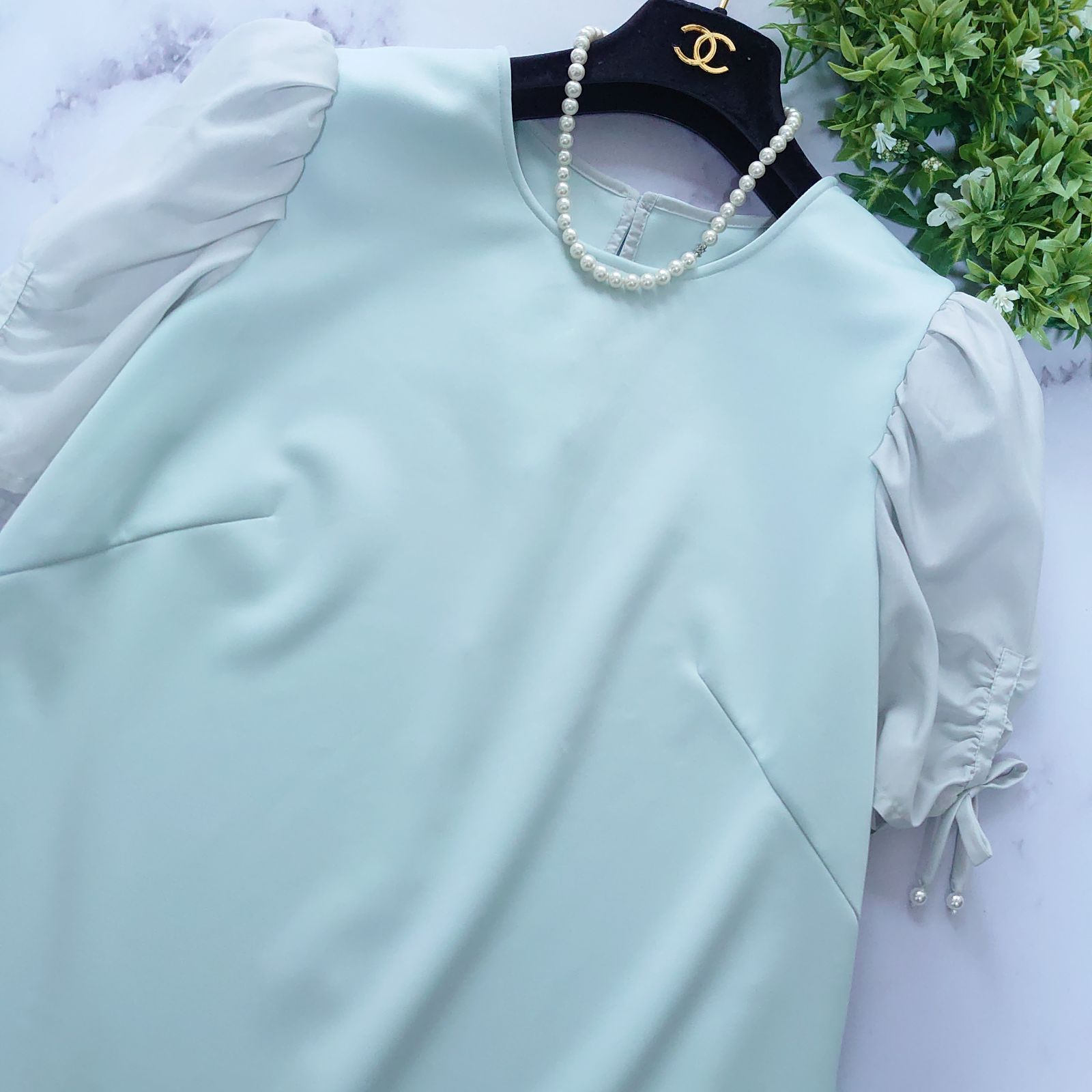 2021 ルネ ギャザーパールブラウス パフスリーブ リボン チュール 34