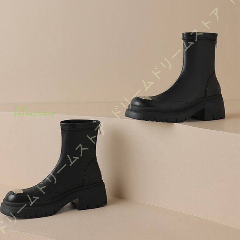 ショートブーツ レディース チャンキーヒール 太ヒール ヒール5.0センチ 痛くない おしゃれ ラウンドトゥ 防寒 滑らない ブラック ストレッチ きれいめ kni4a529648 NOITHATQUANGTHANH_NET