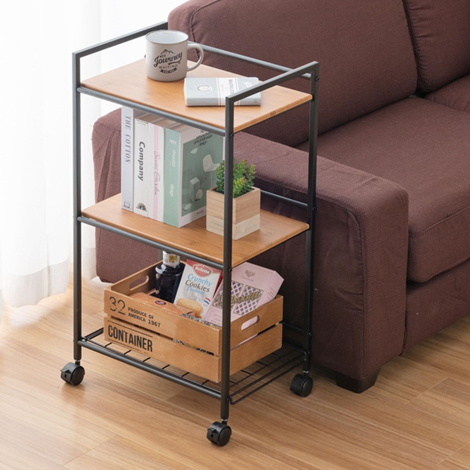 サイドワゴン スリム 幅40 奥行30 3段 高さ75 キャスター付き キッチンラックワゴン 天板付き おしゃれ 鉄製 合金鋼 木製棚 天然竹 隙間収納 ドウシシャ 収納ラック 炊飯器 調味料 レンジ デスク下 幅43×奥行29.5×高さ76cm NFR3-4