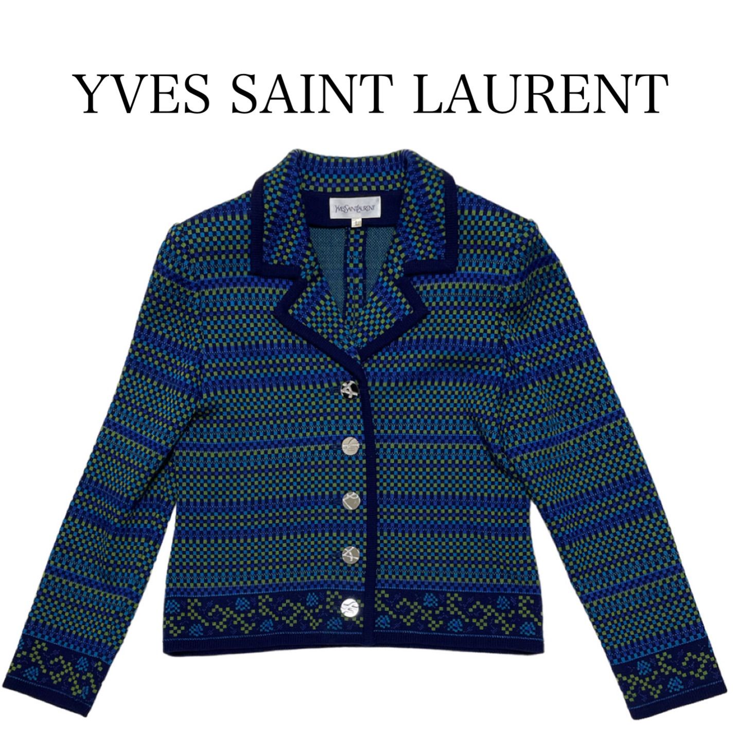 【イヴサンローラン】カーディガン　銀ボタン　ロゴボタン 青　ブルー　Lサイズ イヴサンローラン カーディガン サイズL - イヴサンローラン