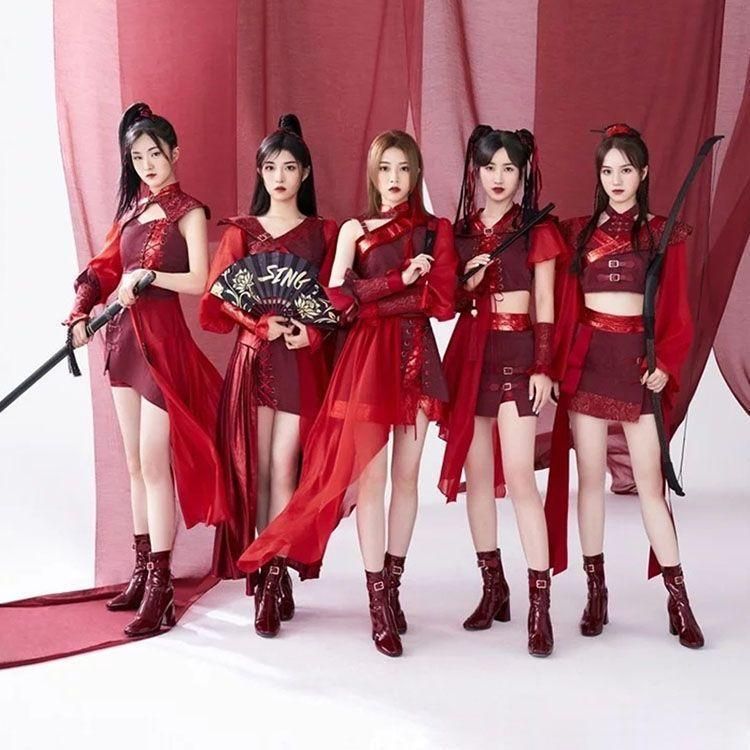 大人 ダンス衣装 セットアップ 赤系 漢服 チャイナ風 古典風 中華 ジャズ ダンス衣装 k-pop 上下 ダンスウェア JAZZ おしゃれ 演出服 発表