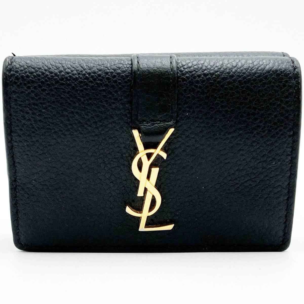 YVES SAINT LAURENT イヴ・サンローラン 三つ折り財布 財布 ミニウォレット ロゴ ブラック ゴールド レザー レディース メンズ  小物 USED - メルカリ