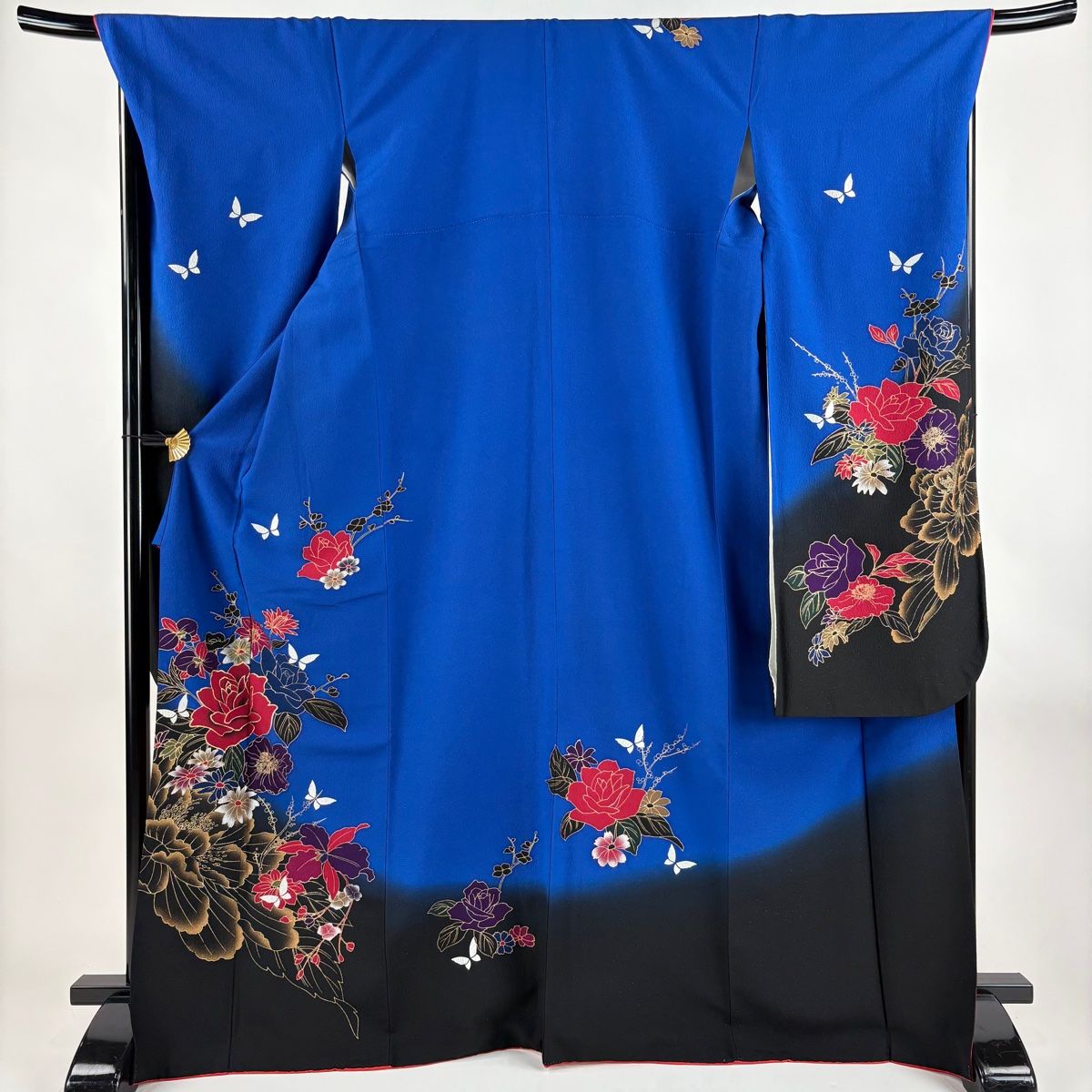 振袖 身丈169cm 裄丈70.5cm L 袷 草花 蝶 金銀彩 銀通し 青 正絹 名品