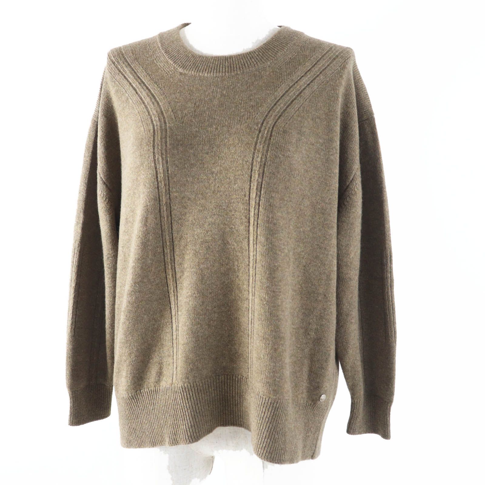 ◎HERMES エルメス 22AW 2H2603D1 カシミヤ100％ シルバー金具 セリエプレート付き クルーネック ケーブル 長袖 ニット ブラウン 36 UK製 レディース