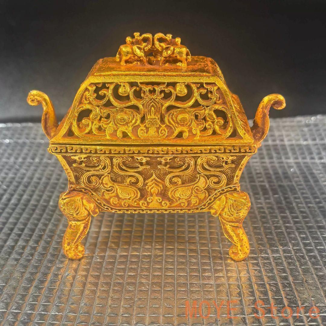 銅製 四足双耳方鼎 双象薫香炉 吉祥如意招財炉 香