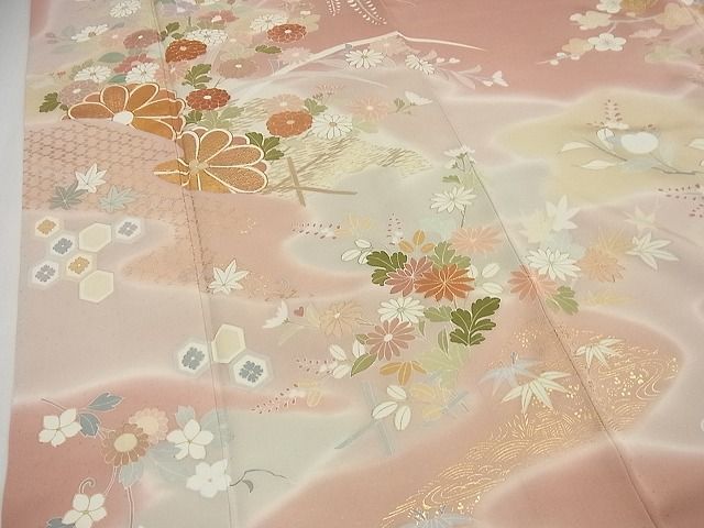 平和屋1□極上 創業460年・千總 訪問着 駒刺繍 霞草花文 暈し染め 金彩