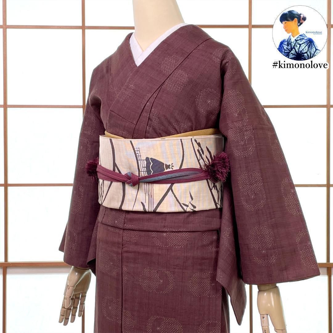 真綿紬 着物 袷 正絹 幾何学紋 渋い臙脂色 kimonolove リユース品 オゾン消臭サービス A-2161