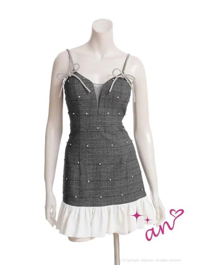 Sブラック OF05 AOC3994-BR-2510 an アン チェック柄 ビジュー リボン キャミソール バストシアー 裾フリル フ ミニドレス キャバドレス